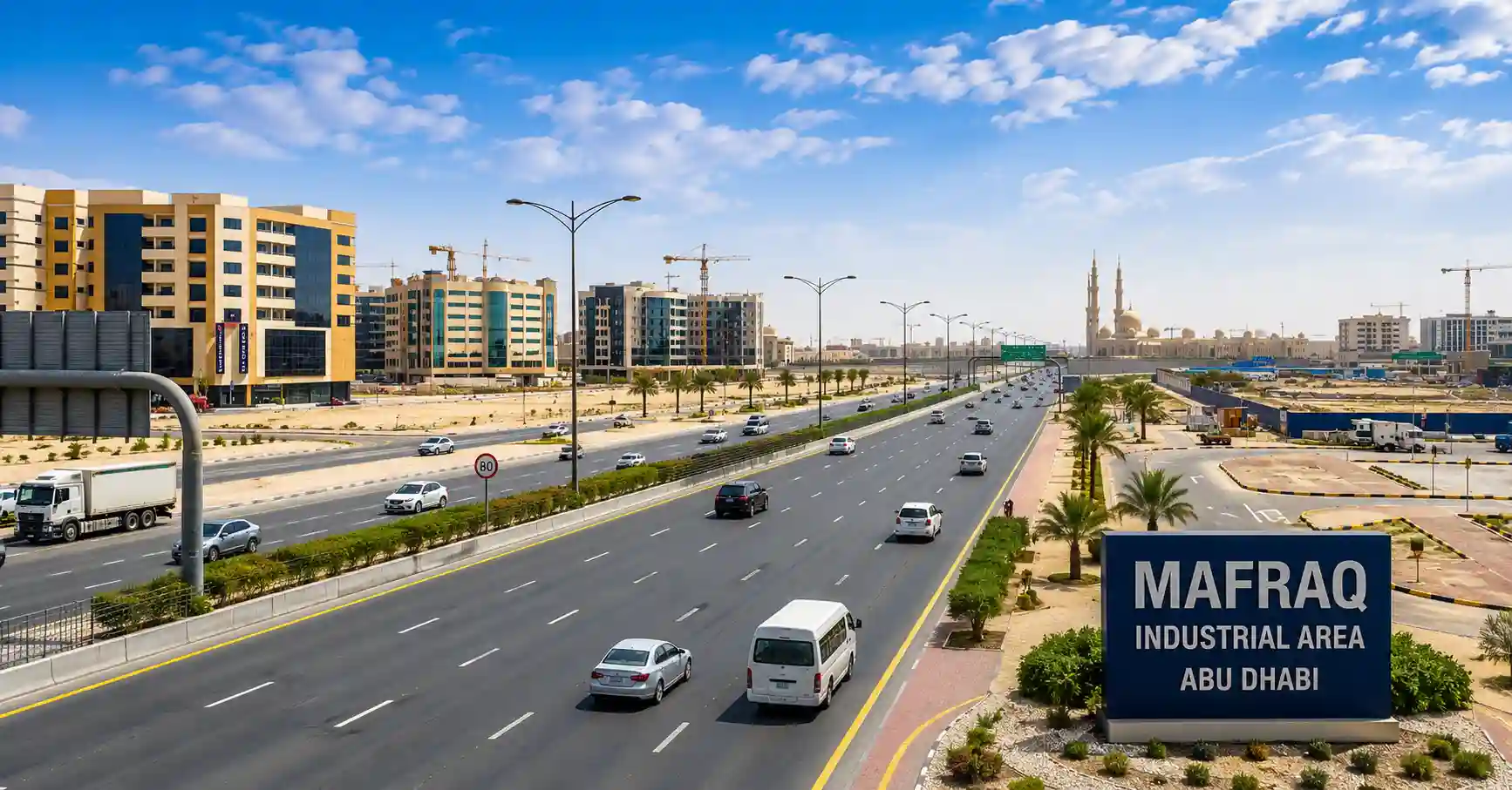 Wide-angle view of Mafraq Industrial Area Abu Dhabi featuring a modern multi-lane highway, commercial buildings, construction cranes, landscaped roads, moving traffic, and a mosque skyline under a bright blue sky.