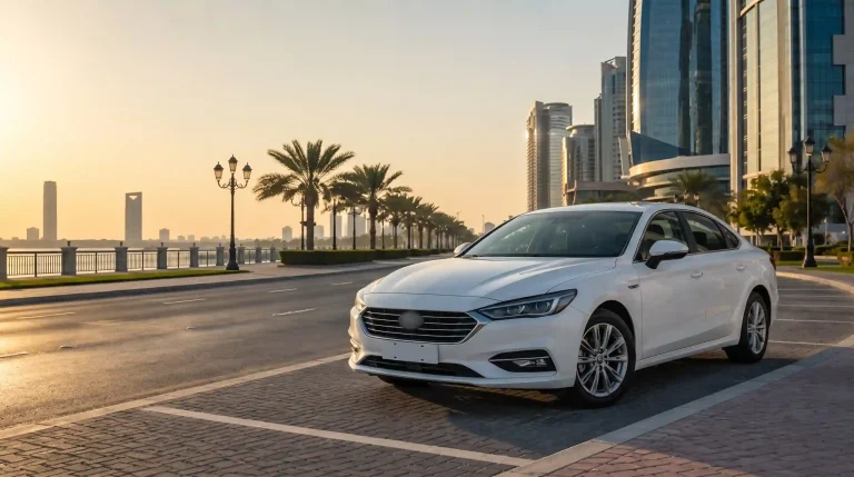White rental sedan beside a modern waterfront boulevard in Abu Dhabi at sunrise