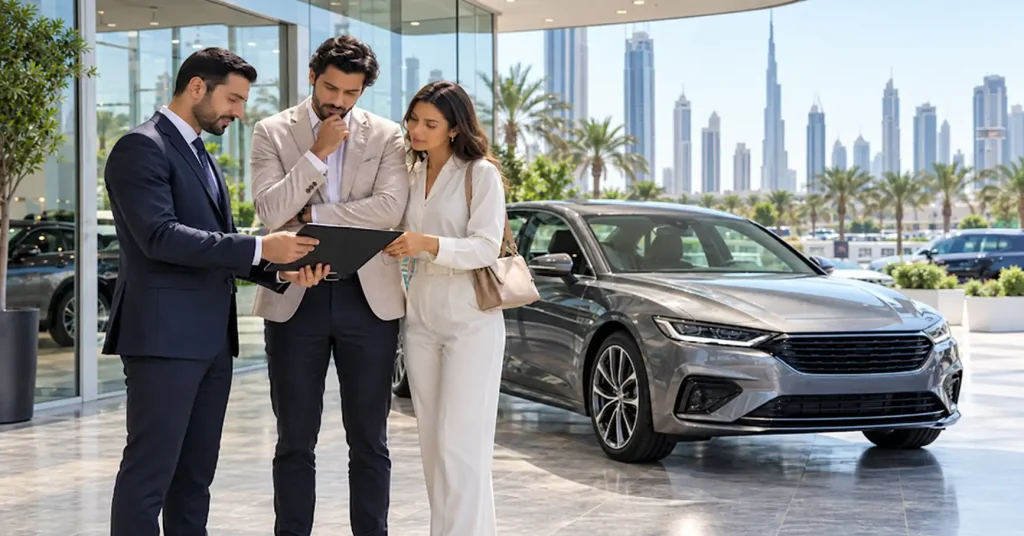 Couple and advisor reviewing a vehicle agreement beside a car in Dubai