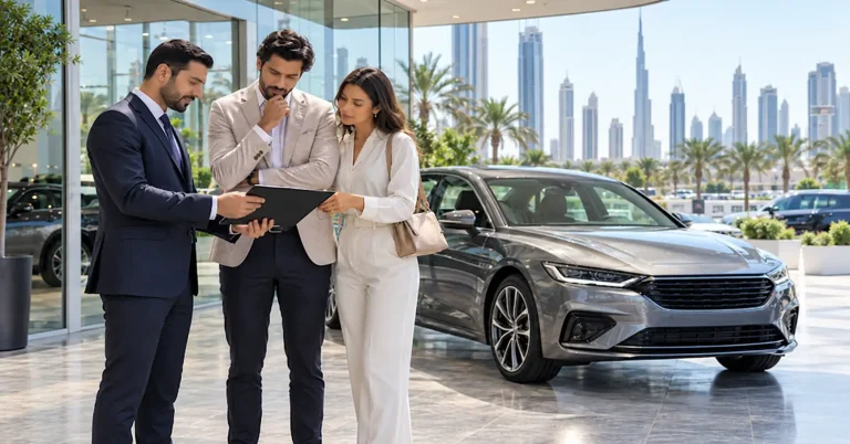 Couple and advisor reviewing a vehicle agreement beside a car in Dubai