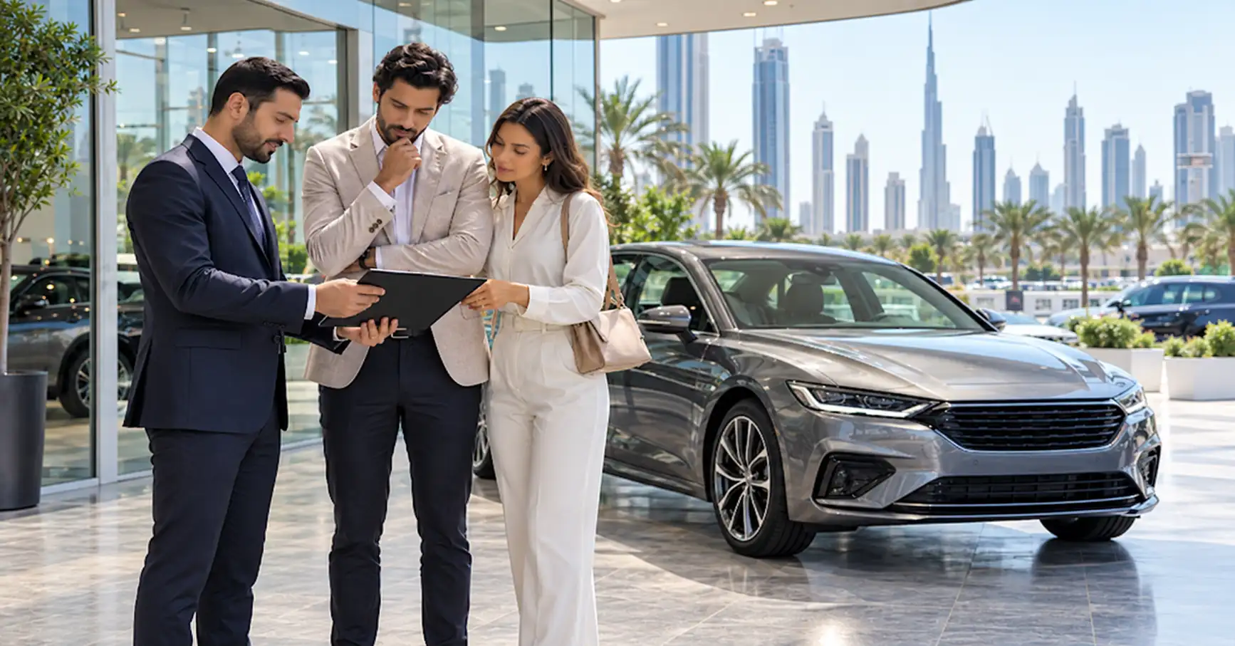 Couple and advisor reviewing a vehicle agreement beside a car in Dubai