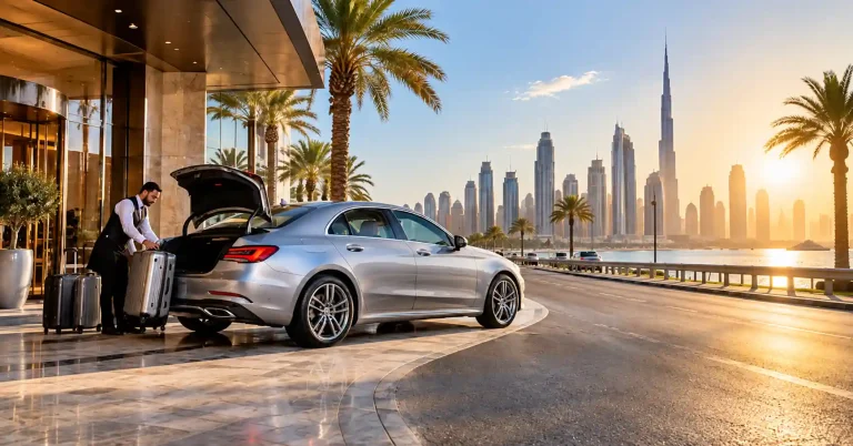 Rental sedan with luggage outside a Dubai hotel beside a coastal road